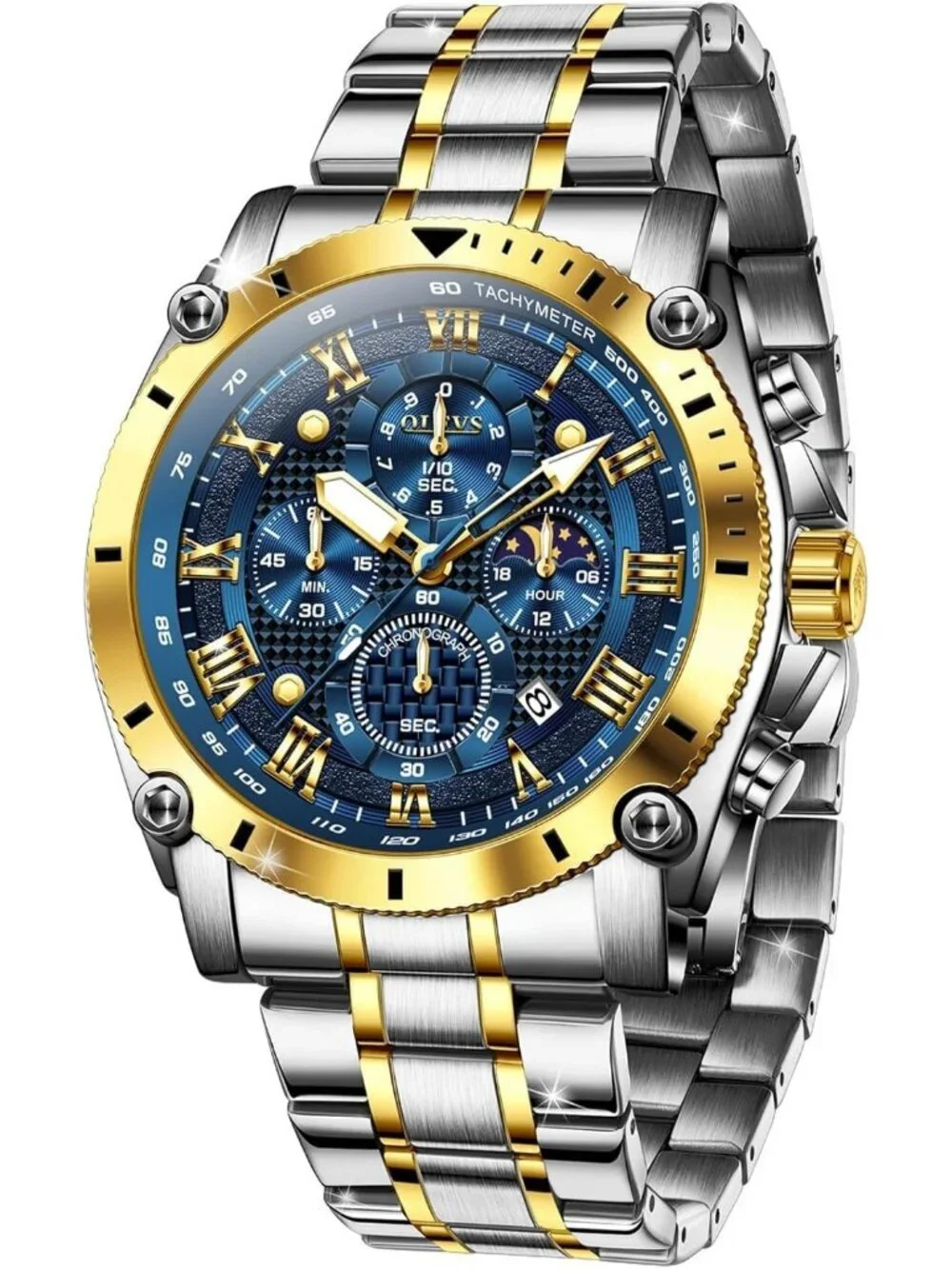 Mens Silver Gold Luxury Blue Face Stylish Moon Phase Stainless Waterproof Watch